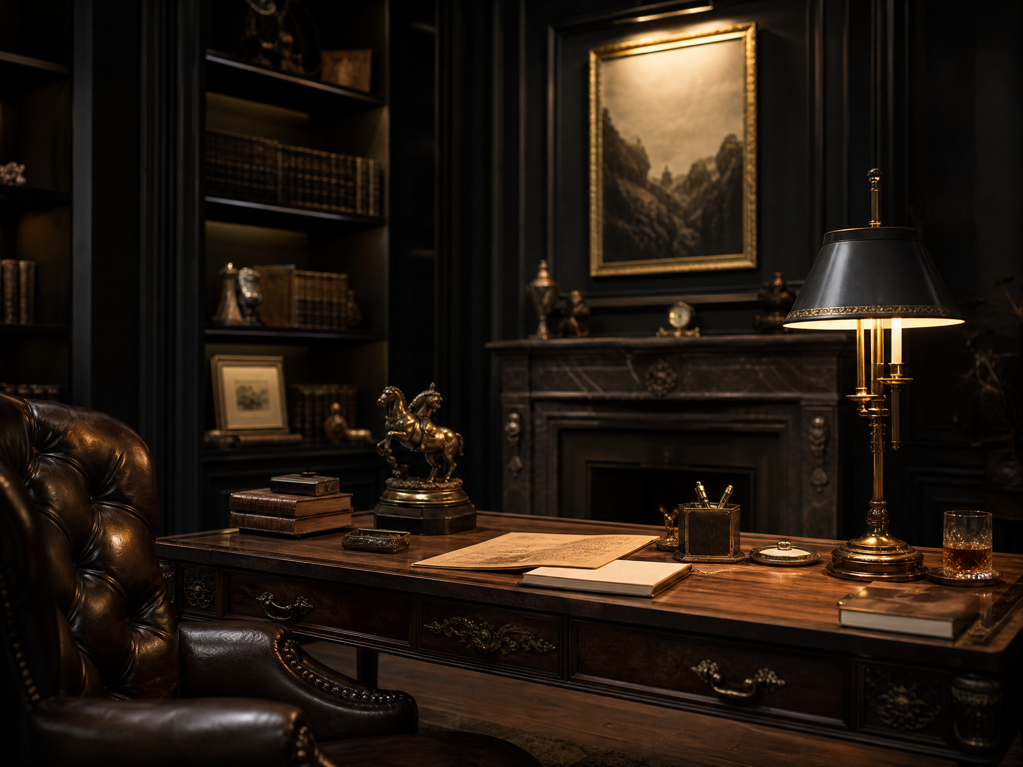 Elegant dark private study with warm gold lighting