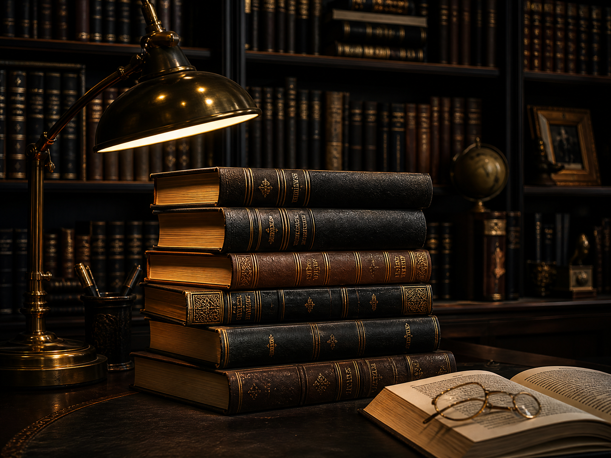 Elegant dark library of leather-bound books representing private education
